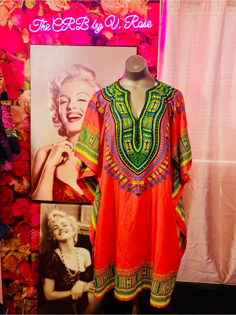 Vintage Orange Dashiki Kaftan Dress with Neon Green & Blue Print